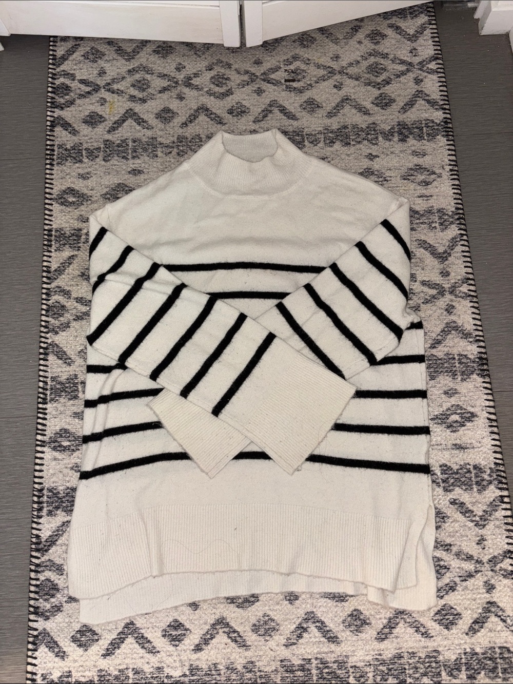Cream and Black Striped Mock Neck Sweater - Women